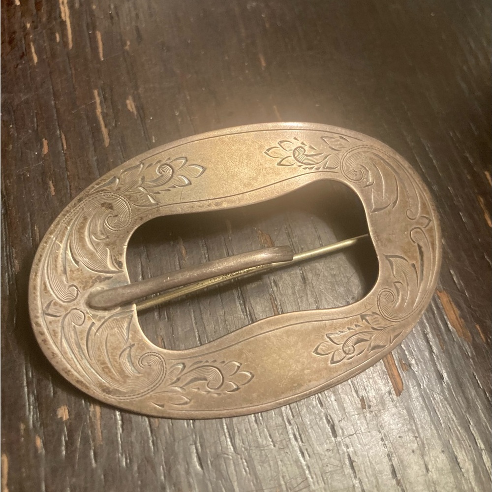 Antique Victorian Edwardian Sterling Silver Engraved Belt Buckle Sash Pin